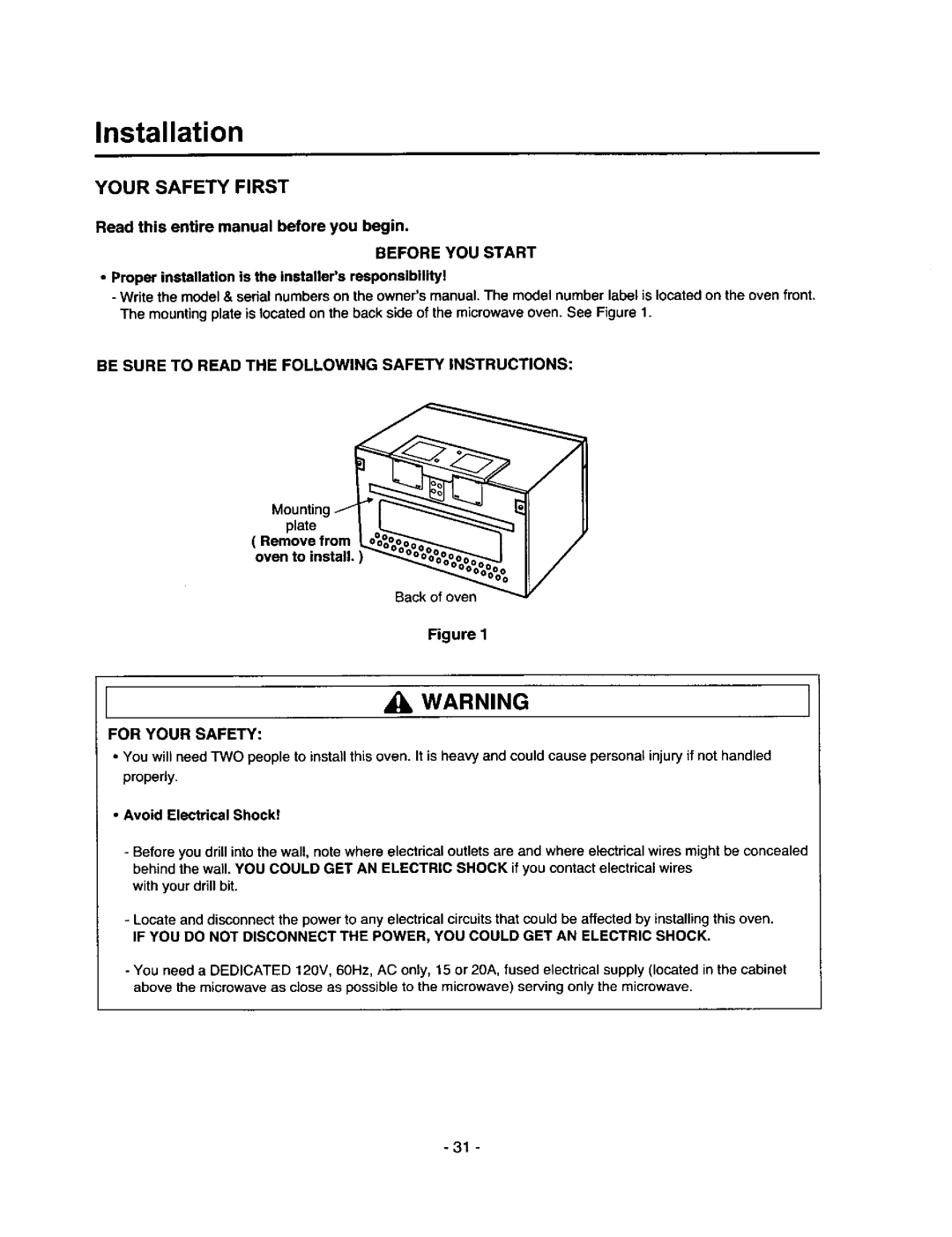 Amana MVH250W, MVH250L Installation, Your Safety First, Read this entire manual before you begin, Before You Start 