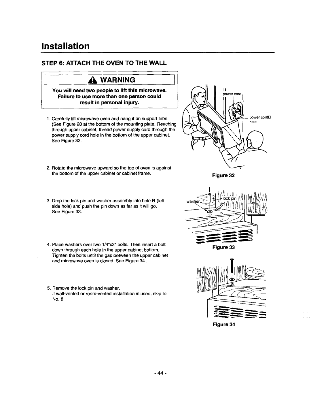 Amana MVH250L, MVH250W owner manual 1= WARNING, Attach The Oven To The Wall, Figure Figure Figure, Installation 
