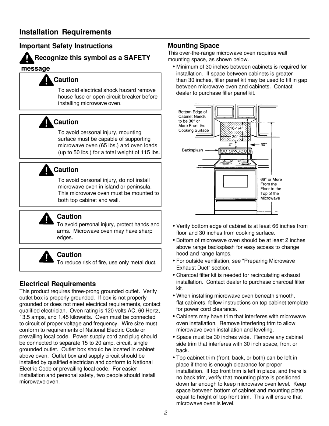 Amana MWT4461WW, MVH320E, MVH220E, MVH120E, MVH220W, MWT4461D, MVH320L, MVH320W Mounting Space, Electrical Requirements 