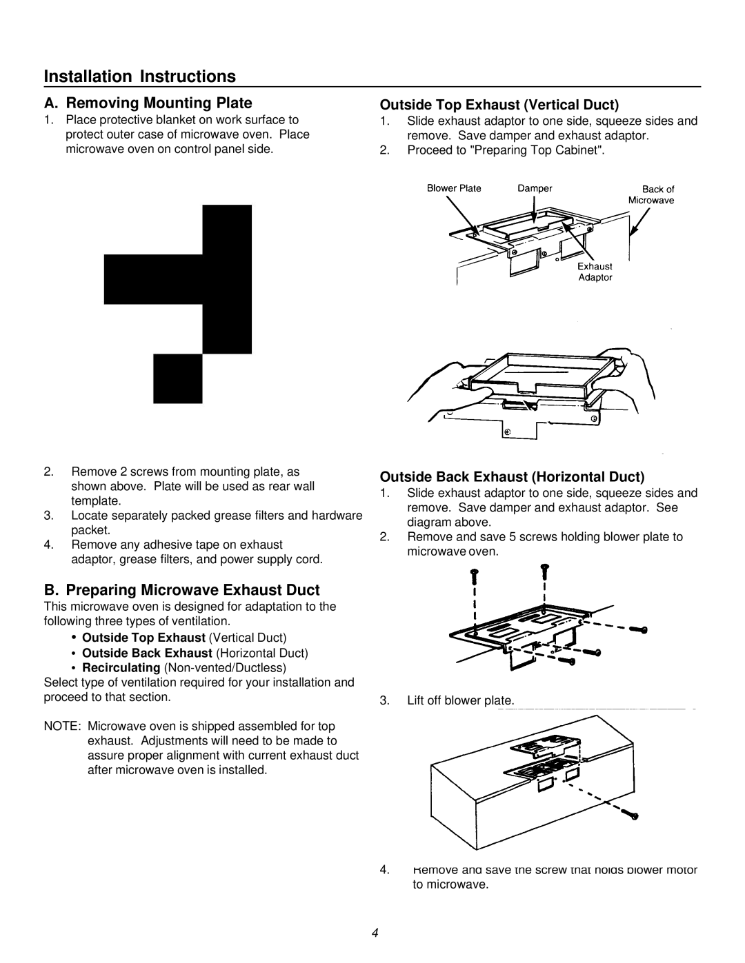 Amana MVH220W, MVH320E, MVH220E, MWT4461WW, MVH120E, MWT4461D Removing Mounting Plate, Preparing Microwave Exhaust Duct 