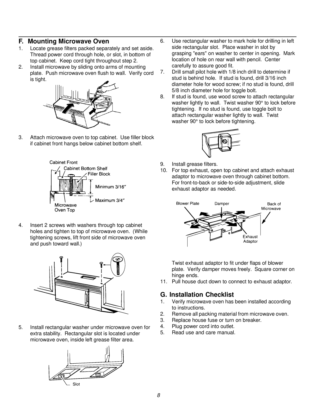 Amana MVH320E, MVH220E, MWT4461WW, MVH120E, MVH220W, MWT4461D, MVH320L, MVH320W Mounting Microwave Oven, Installation Checklist 