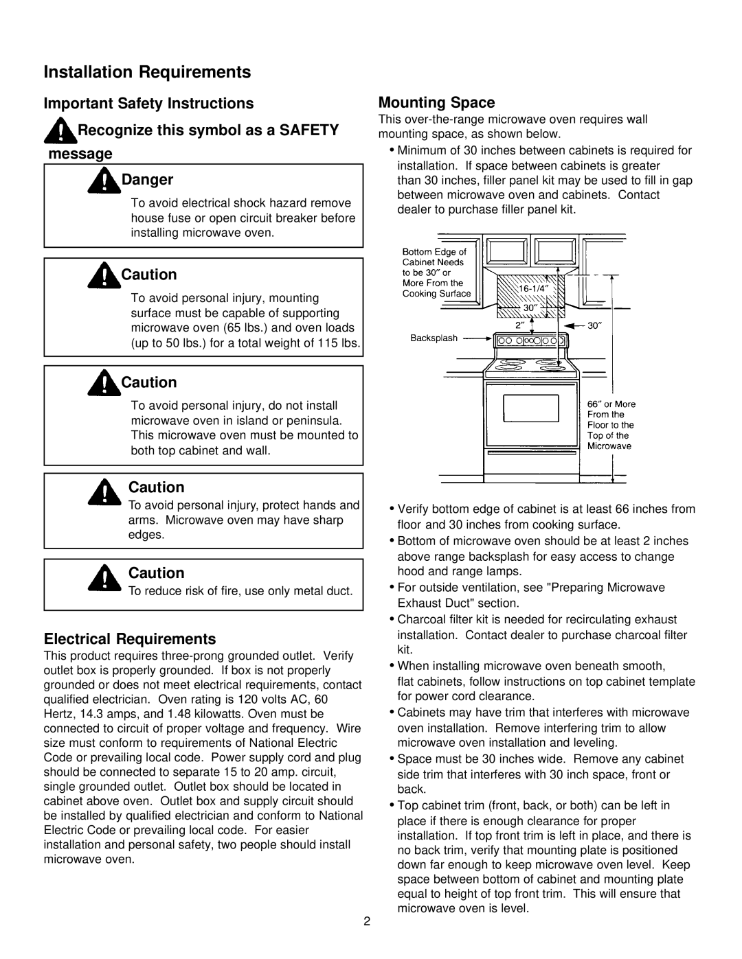 Amana MVH230*, MVH330*, MVH130* installation instructions Mounting Space, Electrical Requirements 