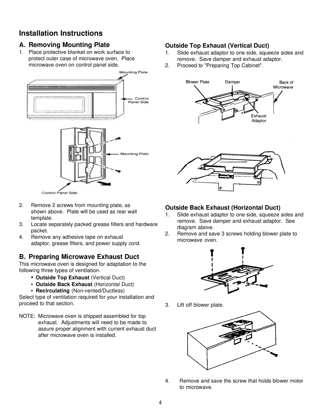 Amana MVH130*, MVH330*, MVH230* installation instructions Removing Mounting Plate, Preparing Microwave Exhaust Duct 