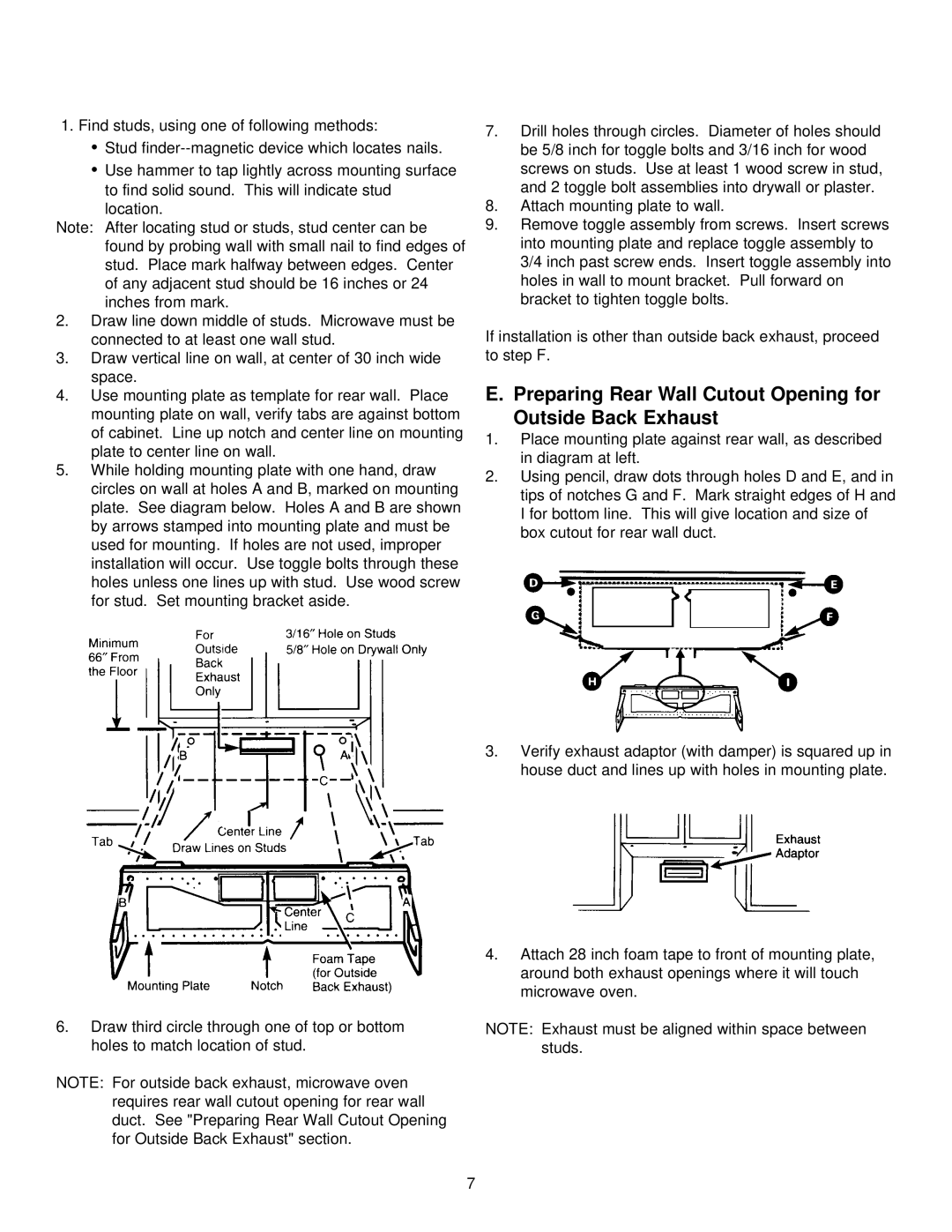 Amana MVH130*, MVH330*, MVH230* installation instructions Preparing Rear Wall Cutout Opening for Outside Back Exhaust 