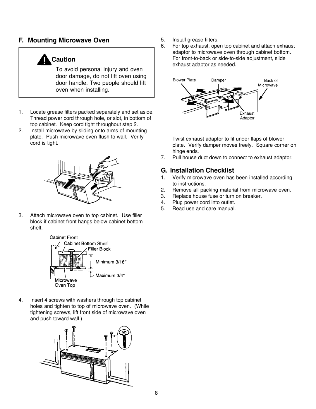 Amana MVH230*, MVH330*, MVH130* installation instructions Mounting Microwave Oven, Installation Checklist 