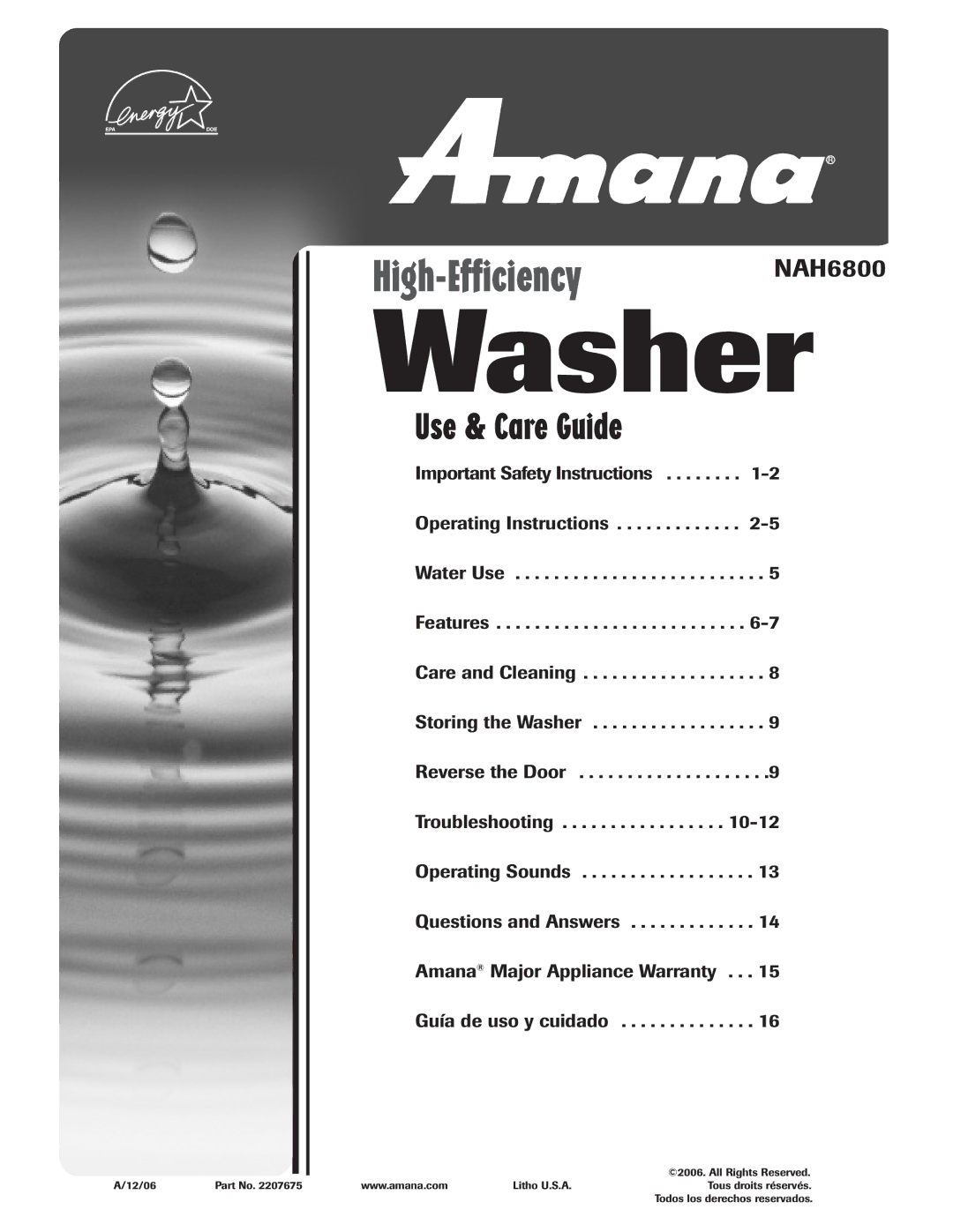 Amana NAH6800 important safety instructions Washer 