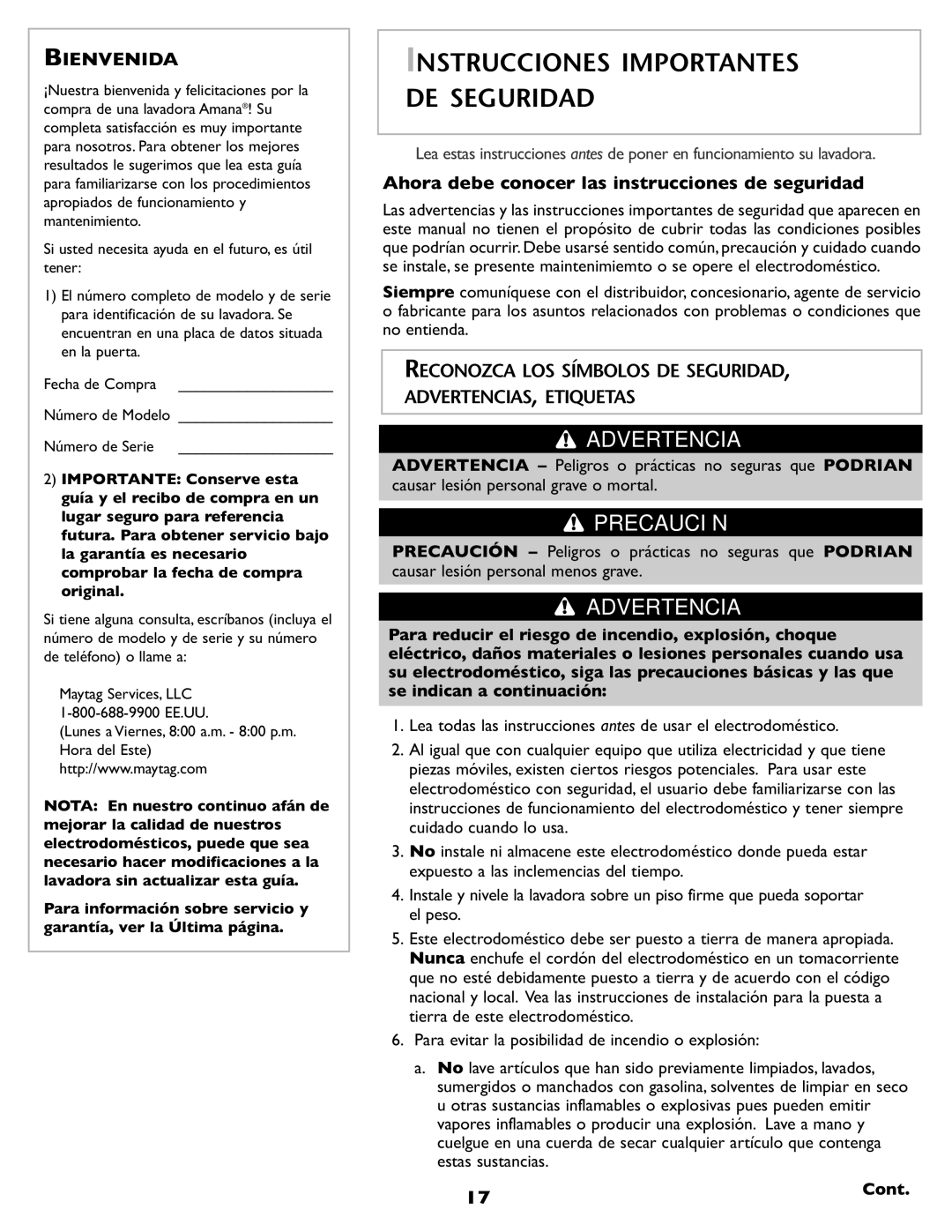 Amana NAH6800 important safety instructions Bienvenida, Reconozca LOS Símbolos DE Seguridad ADVERTENCIAS, Etiquetas 