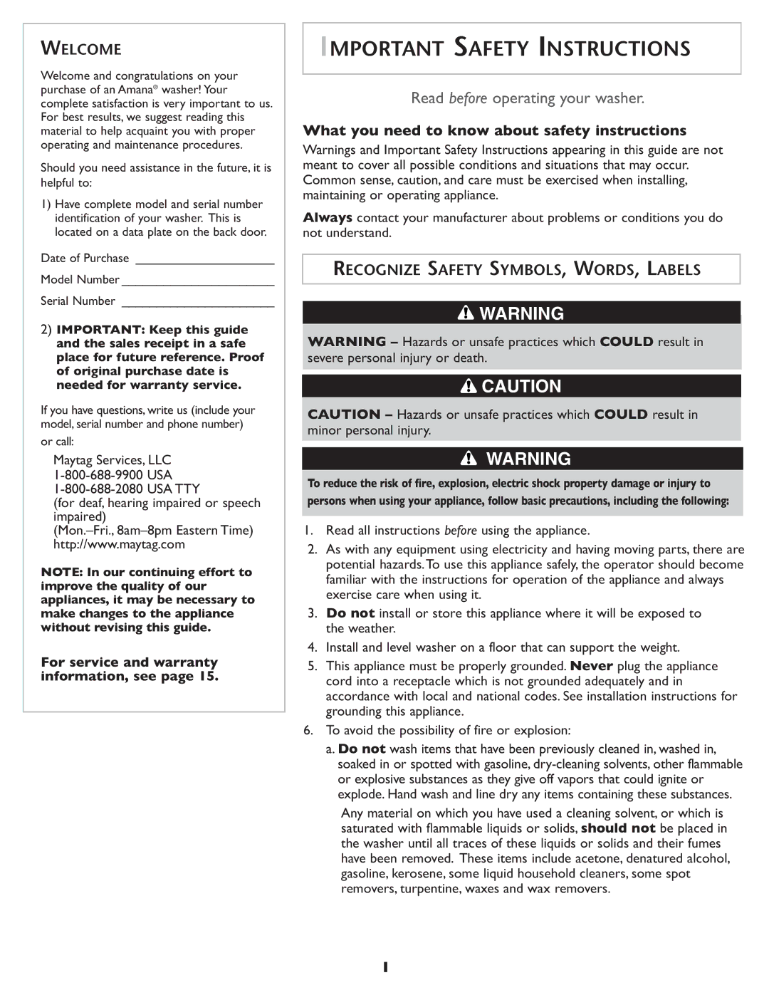 Amana NAH6800 important safety instructions Welcome, Recognize Safety SYMBOLS, WORDS, Labels 