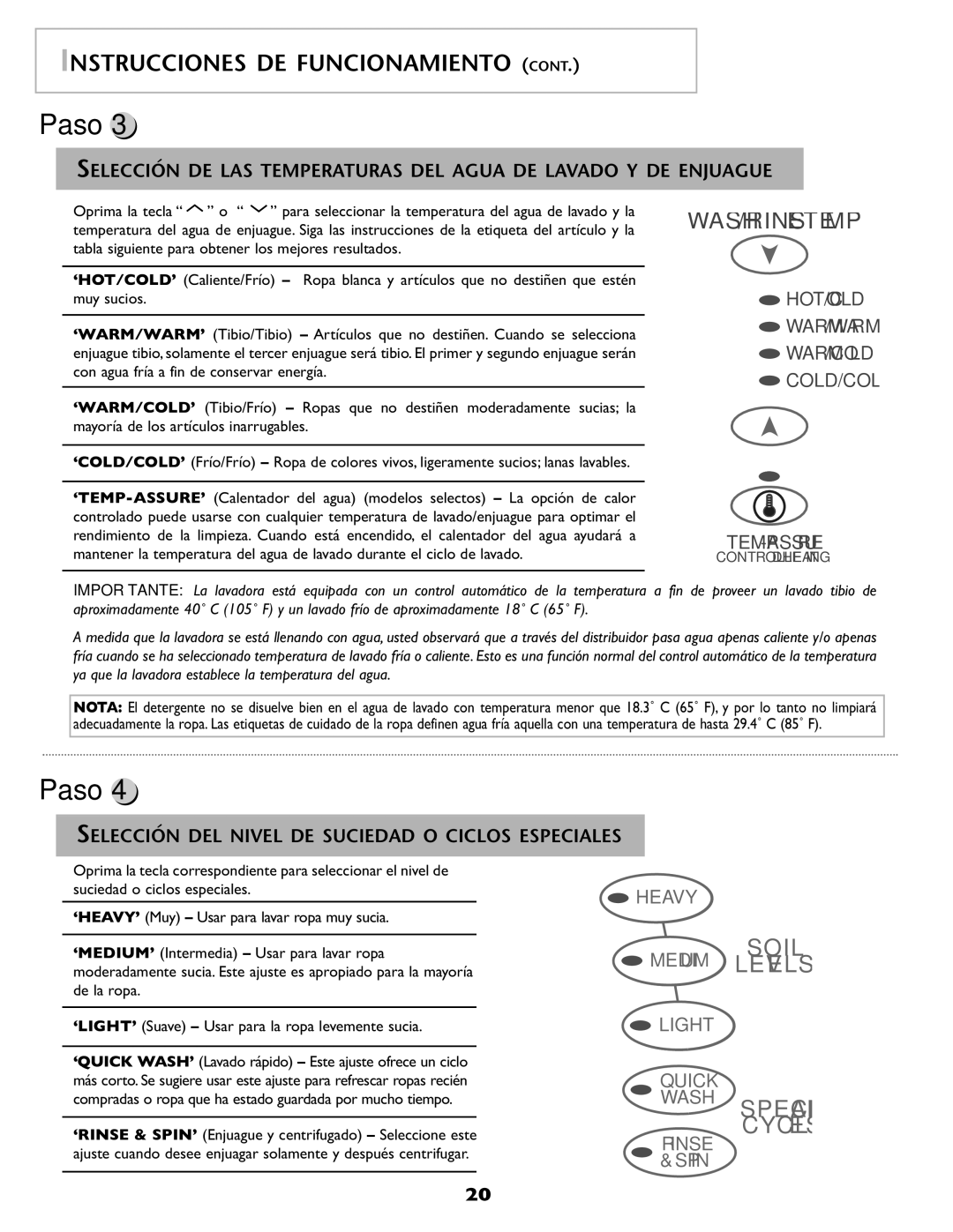 Amana NAH6800 important safety instructions Selección DEL Nivel DE Suciedad O Ciclos Especiales 