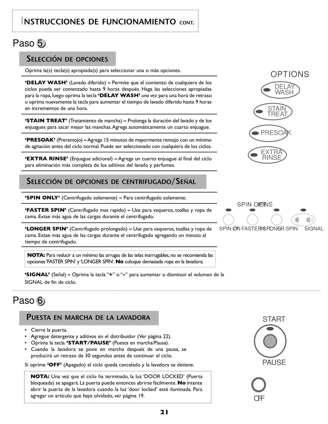 Amana NAH6800 Selección DE Opciones DE CENTRIFUGADO/SEÑAL, Puesta EN Marcha DE LA Lavadora 