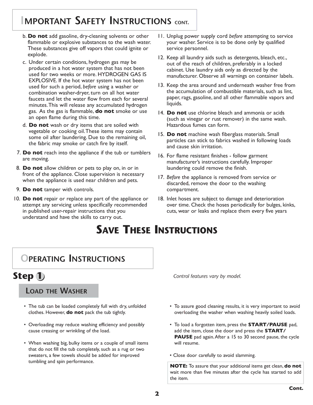 Amana NAH6800 important safety instructions Operating Instructions, Load the Washer 