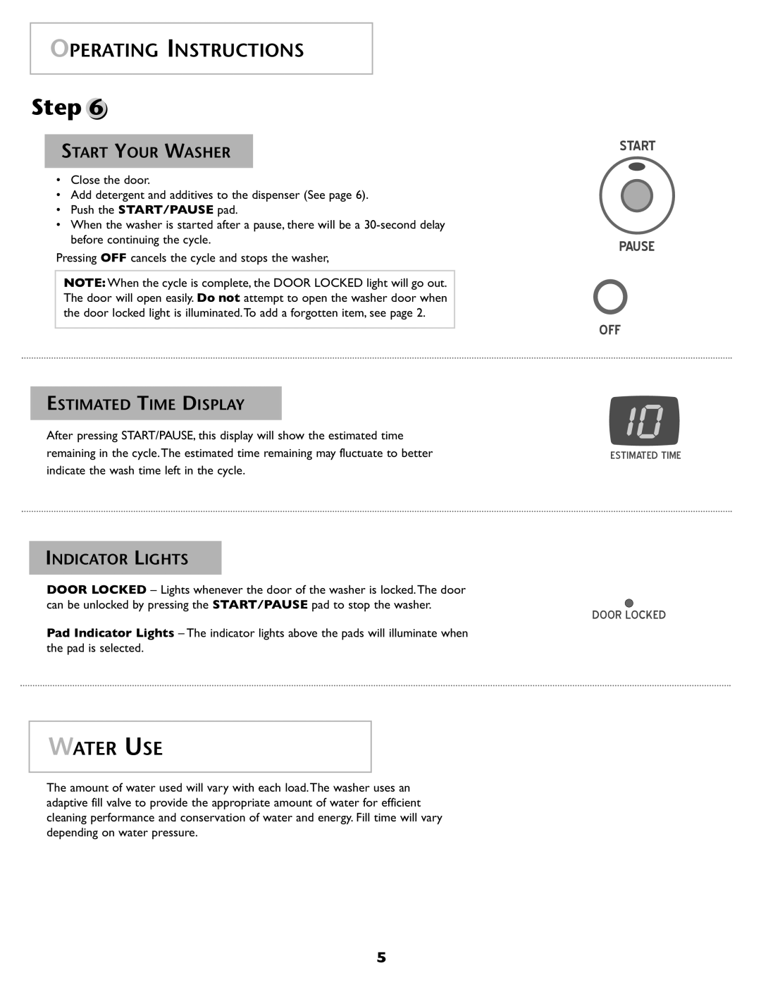 Amana NAH6800 important safety instructions Water USE, Start Your Washer, Estimated Time Display, Indicator Lights 