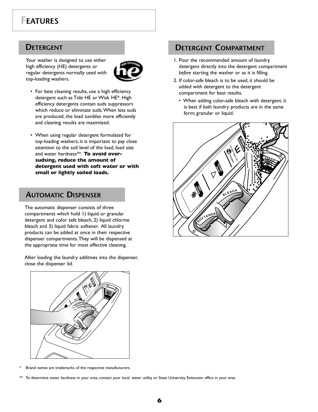 Amana NAH6800 important safety instructions Features, Automatic Dispenser, Detergent Compartment 