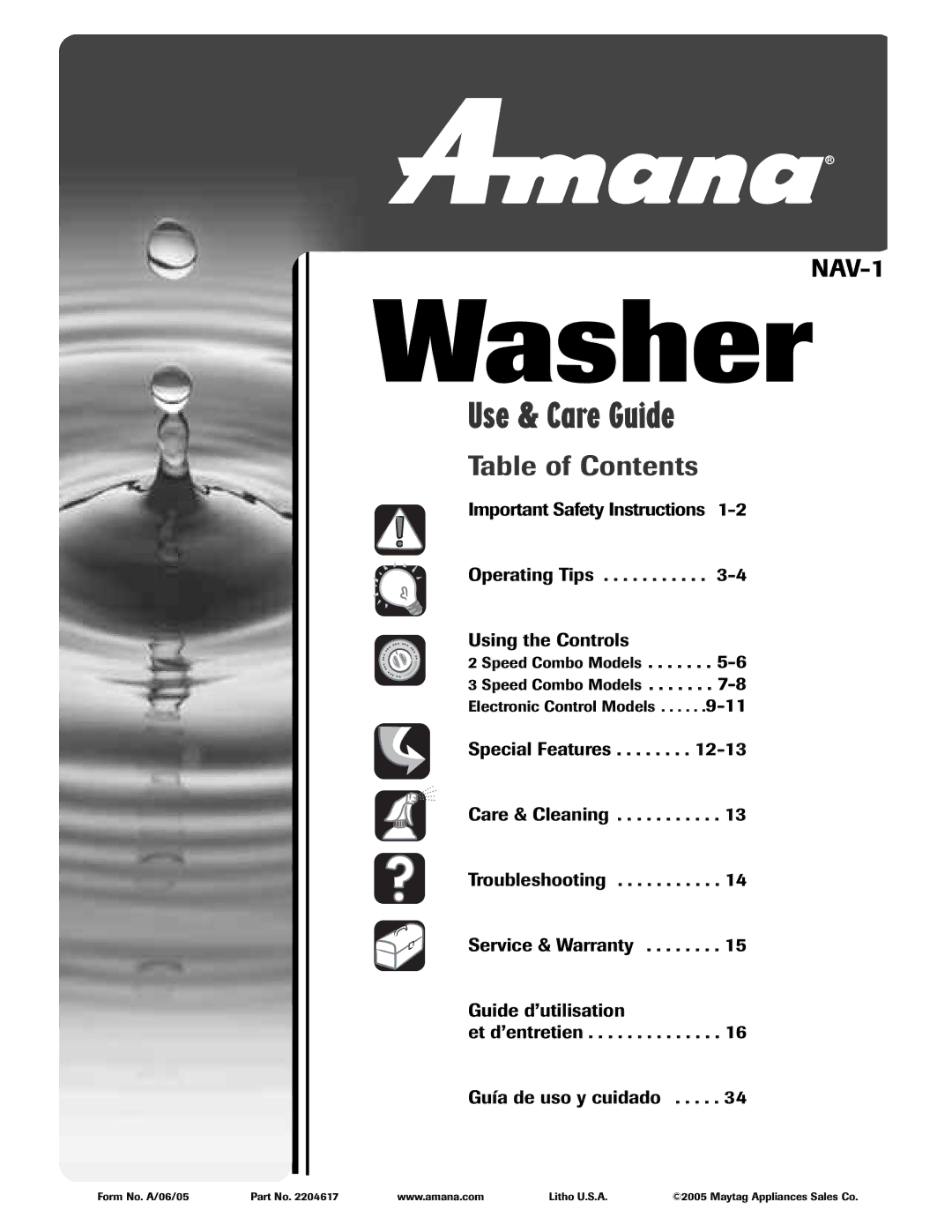 Amana NAV-1 important safety instructions Washer 