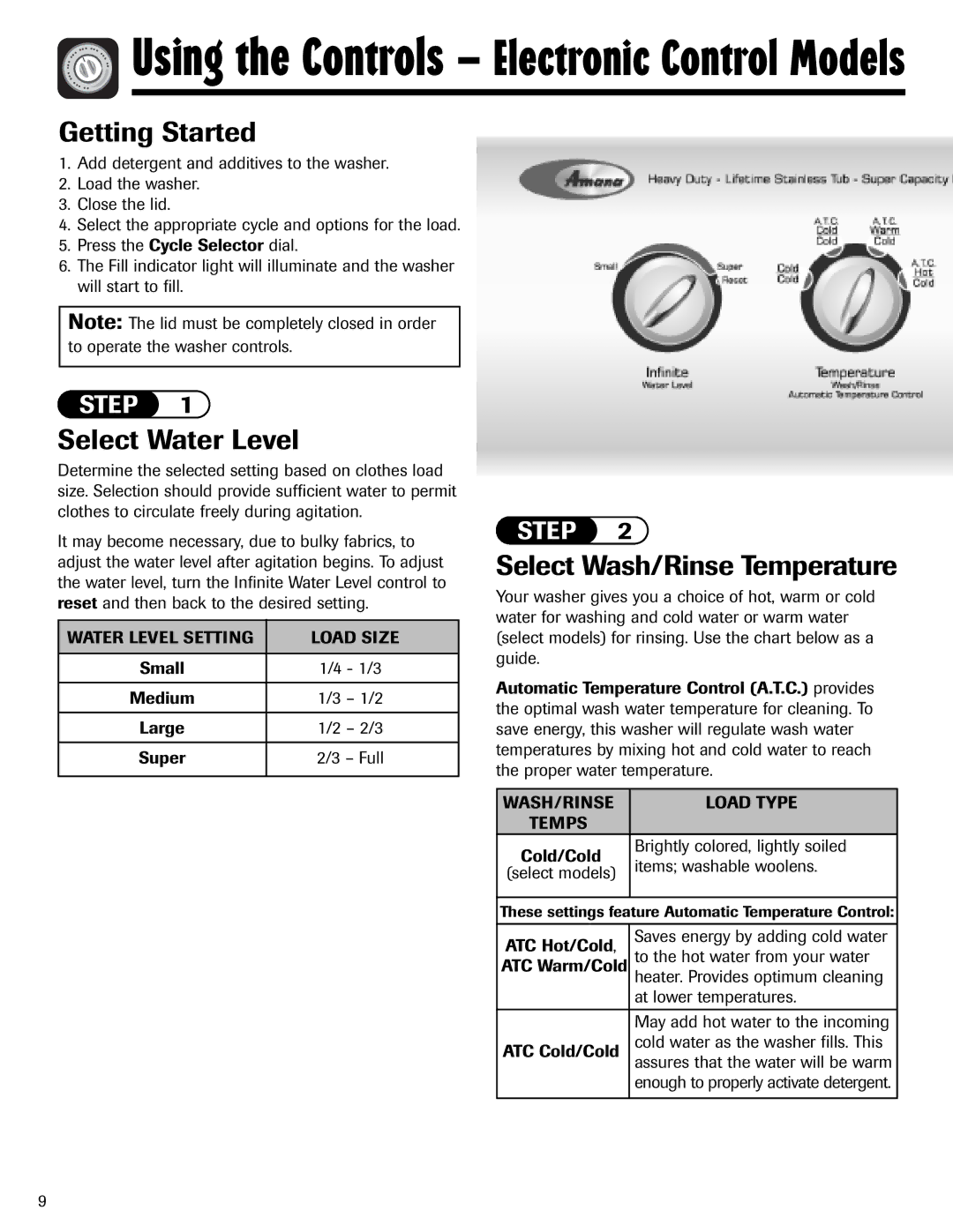 Amana NAV-1 important safety instructions Using the Controls, Getting Started 