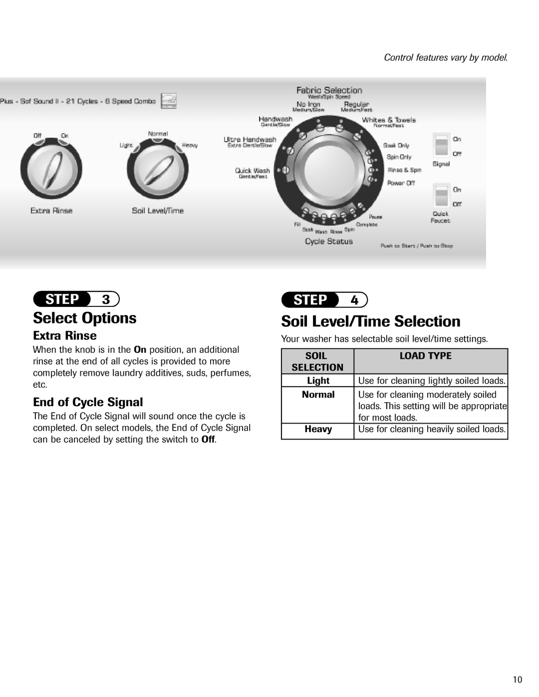 Amana NAV-1 important safety instructions Select Options, Soil Level/Time Selection, End of Cycle Signal, Soil Load Type 