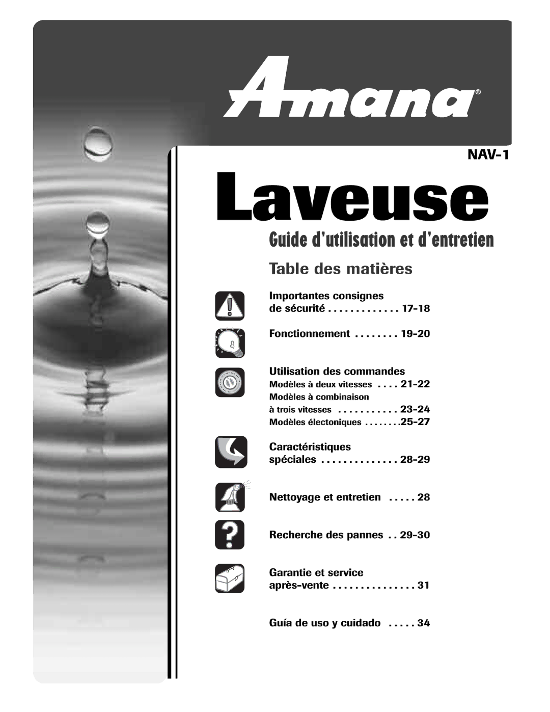 Amana NAV-1 important safety instructions Laveuse 