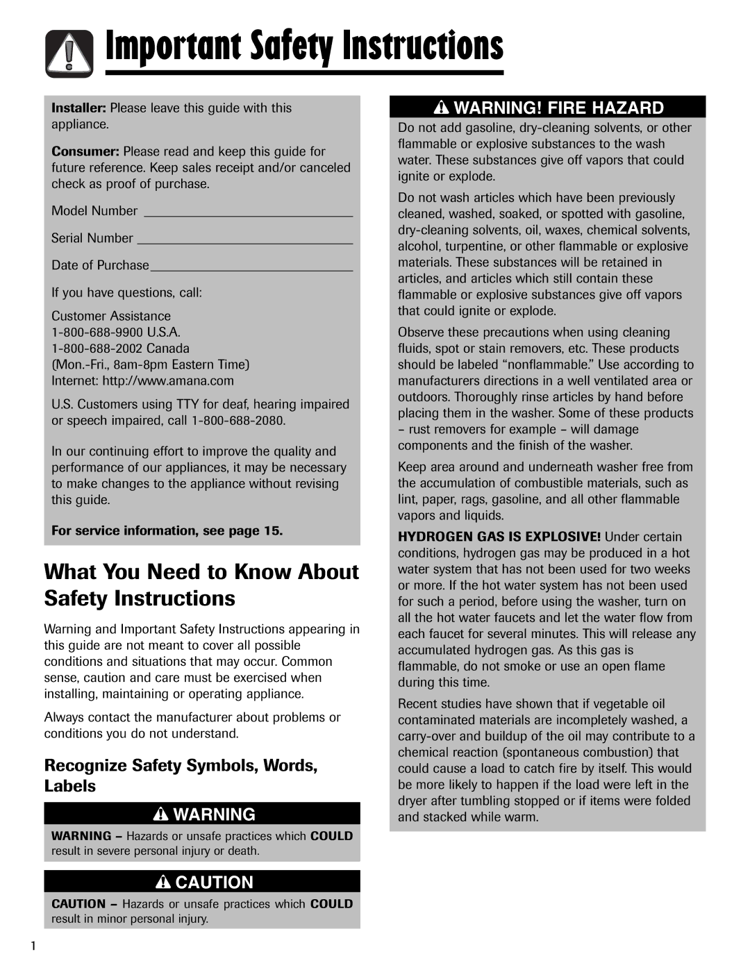 Amana NAV-1 important safety instructions Important Safety Instructions, What You Need to Know About Safety Instructions 