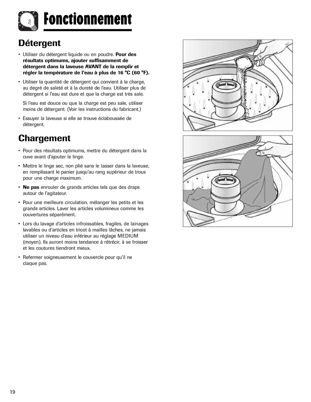 Amana NAV-1 important safety instructions Fonctionnement, Détergent, Chargement 