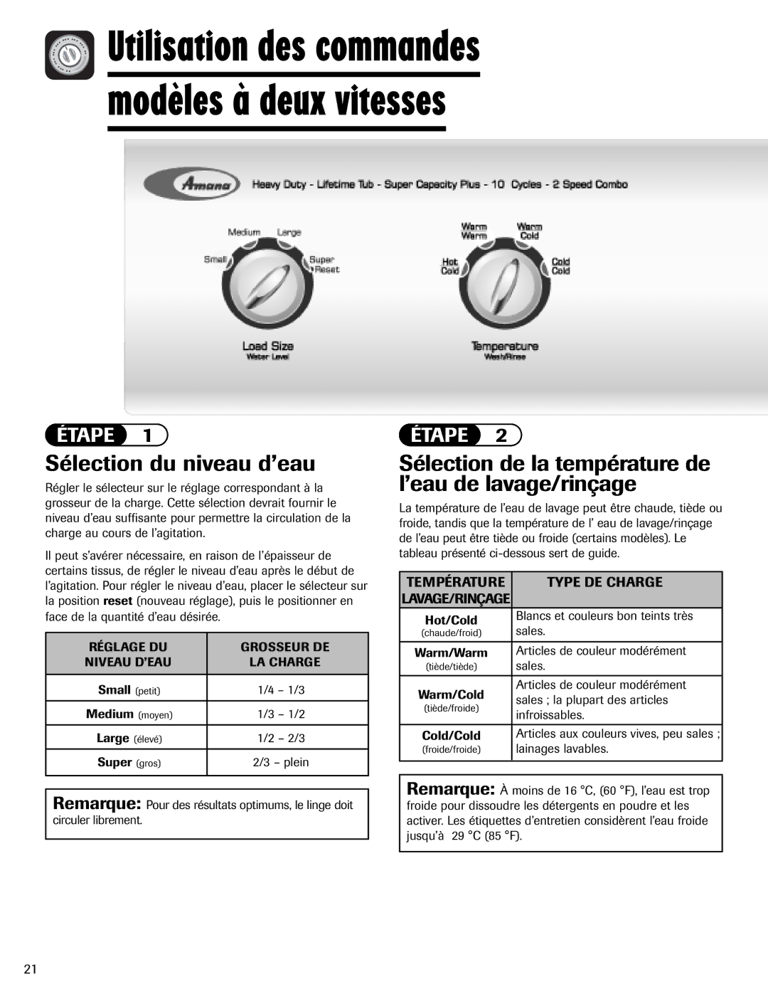 Amana NAV-1 Sélection du niveau d’eau, Sélection de la température de l’eau de lavage/rinçage, Température Type DE Charge 