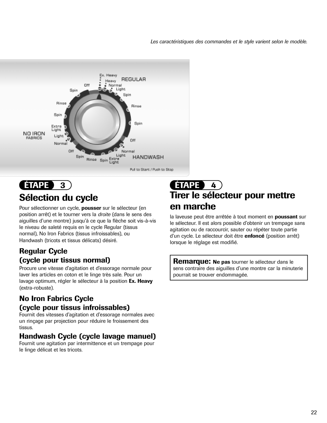 Amana NAV-1 Sélection du cycle, Tirer le sélecteur pour mettre en marche, Regular Cycle Cycle pour tissus normal 