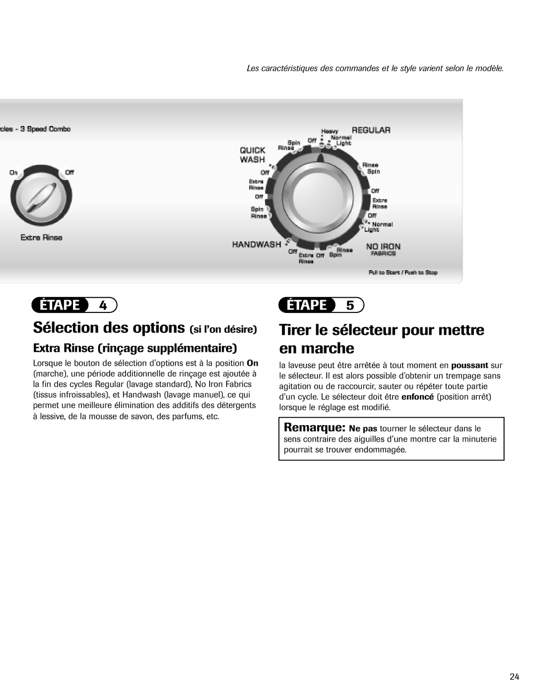 Amana NAV-1 important safety instructions Sélection des options si l’on désire, Extra Rinse rinçage supplémentaire 