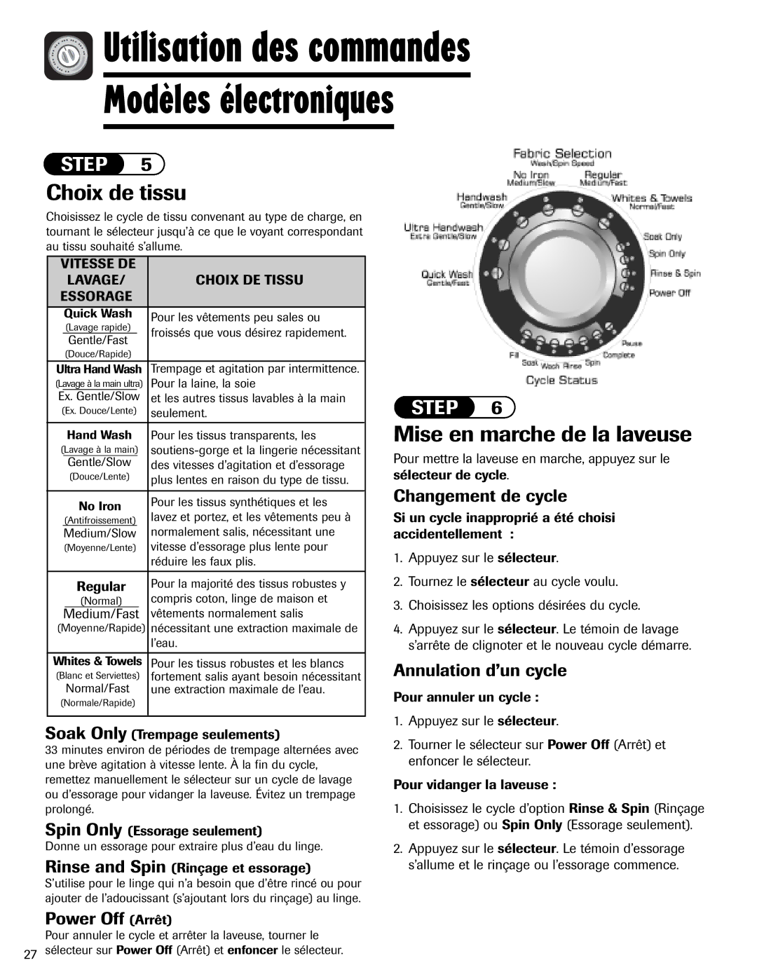 Amana NAV-1 Choix de tissu, Mise en marche de la laveuse, Power Off Arrêt, Changement de cycle, Annulation d’un cycle 