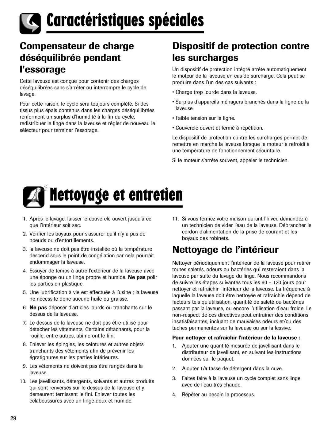 Amana NAV-1 Nettoyage et entretien, Compensateur de charge déséquilibrée pendant l’essorage, Nettoyage de l’intérieur 