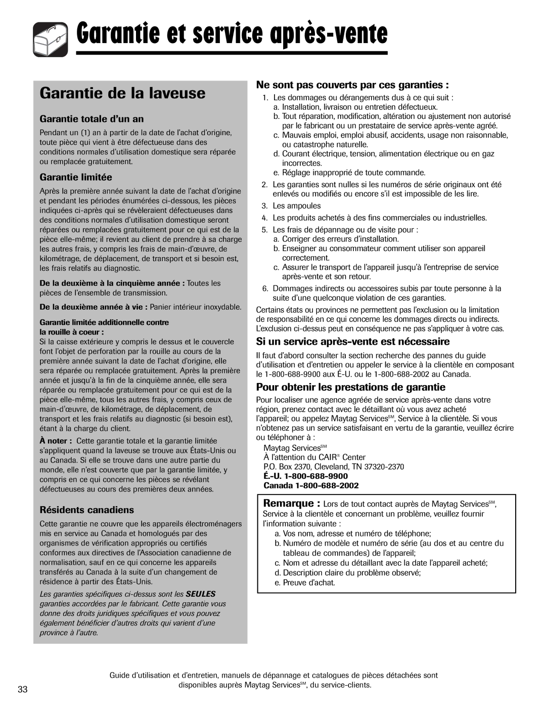 Amana NAV-1 Garantie et service après-vente, Garantie de la laveuse, Garantie totale d’un an, Garantie limitée 