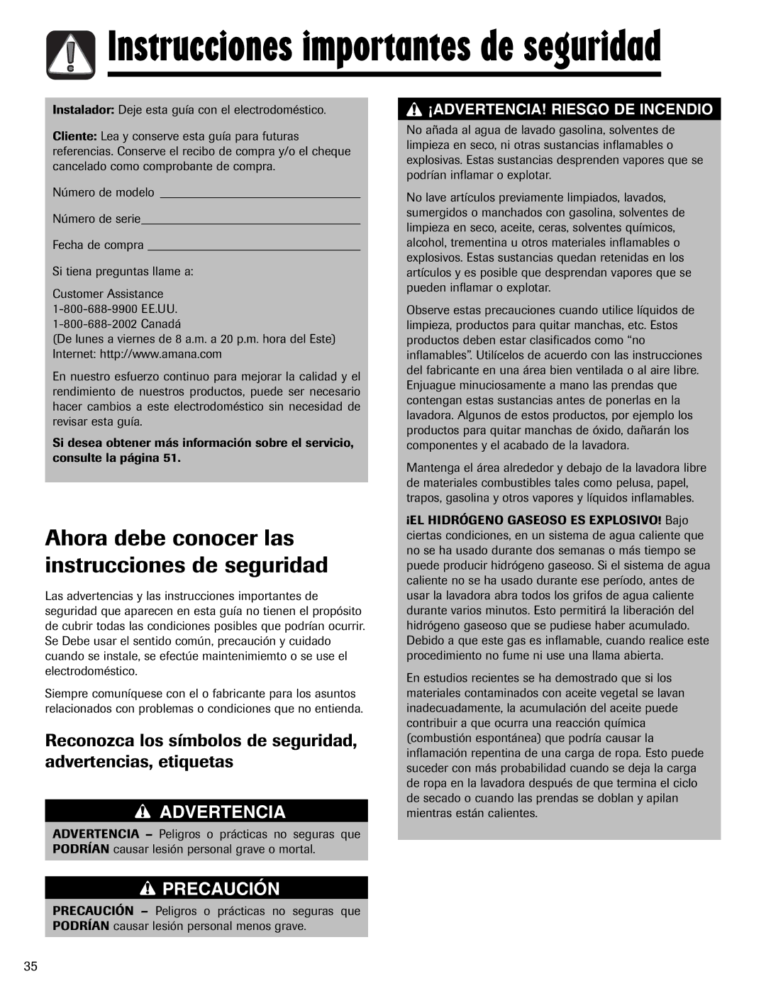 Amana NAV-1 important safety instructions Ahora debe conocer las instrucciones de seguridad 