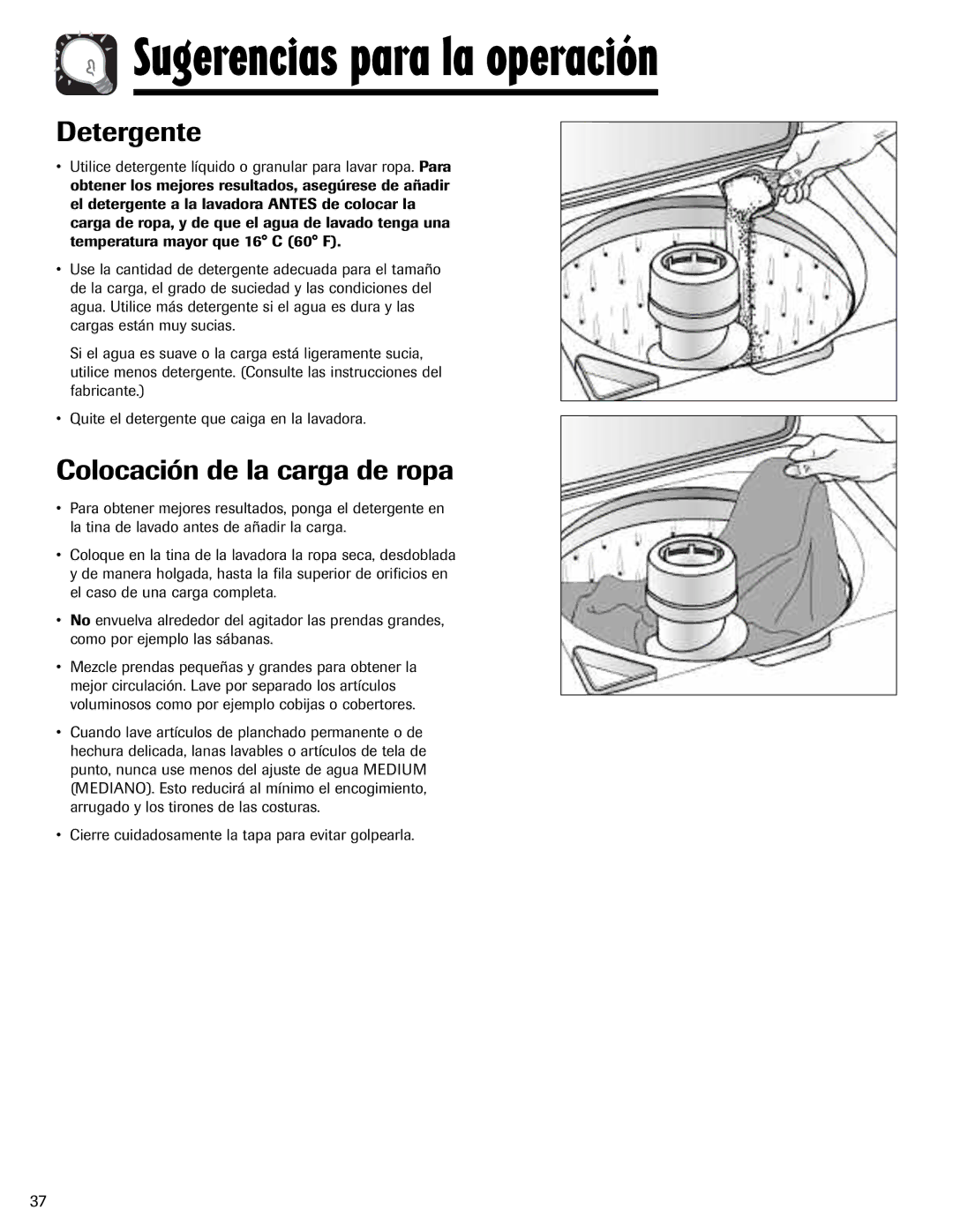 Amana NAV-1 important safety instructions Detergente, Colocación de la carga de ropa 