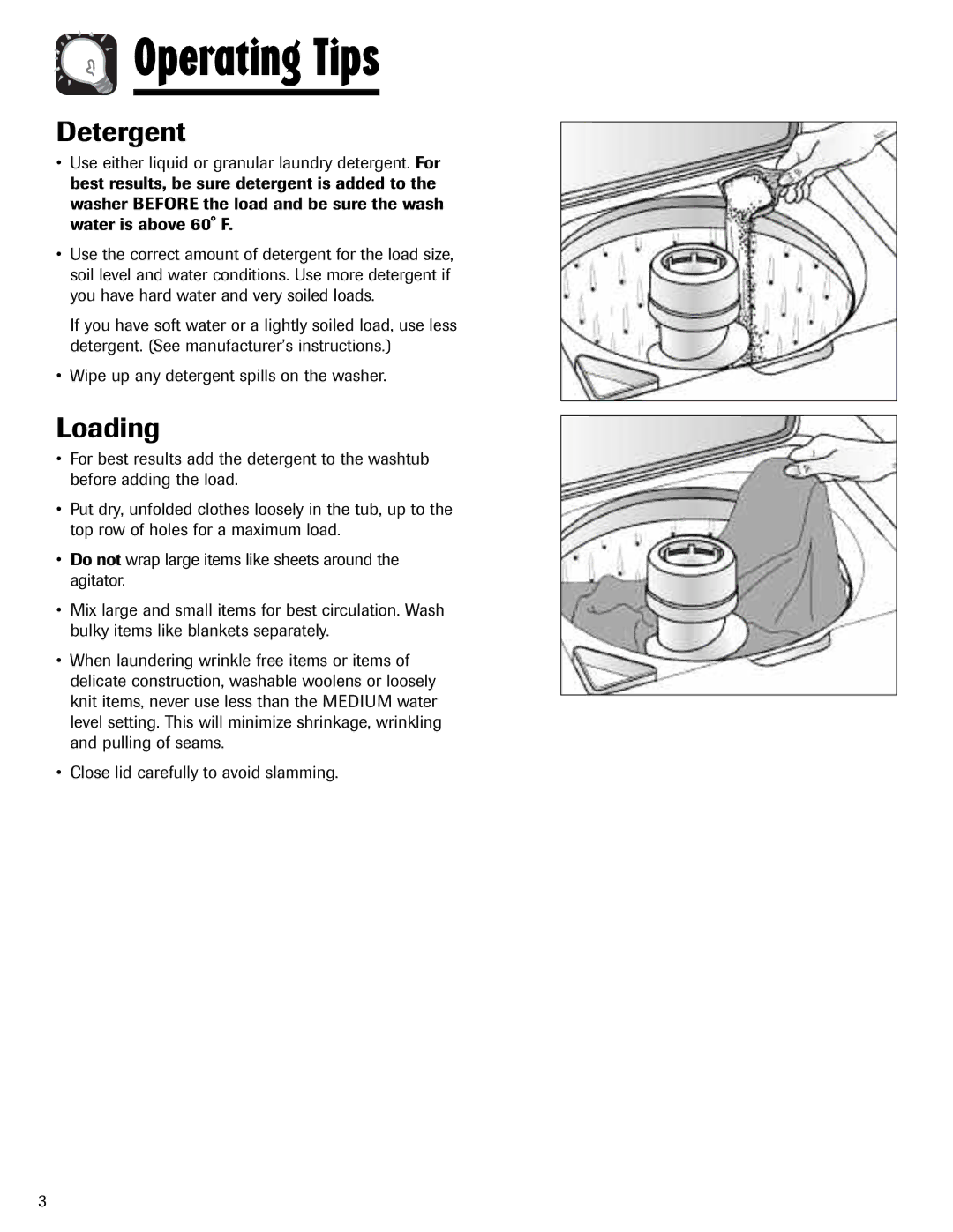 Amana NAV-1 important safety instructions Operating Tips, Detergent, Loading 