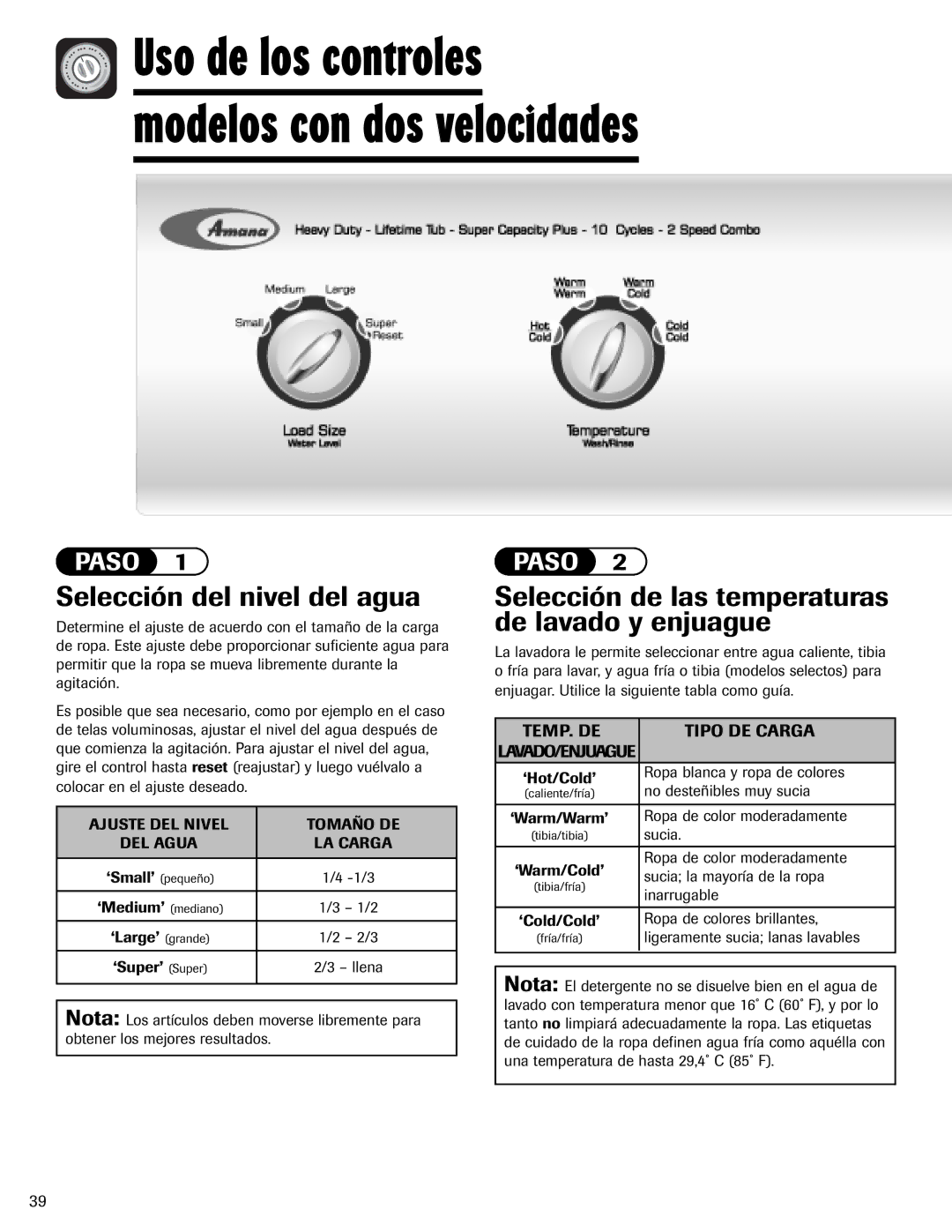 Amana NAV-1 Selección del nivel del agua, Selección de las temperaturas de lavado y enjuague, TEMP. DE Tipo DE Carga 