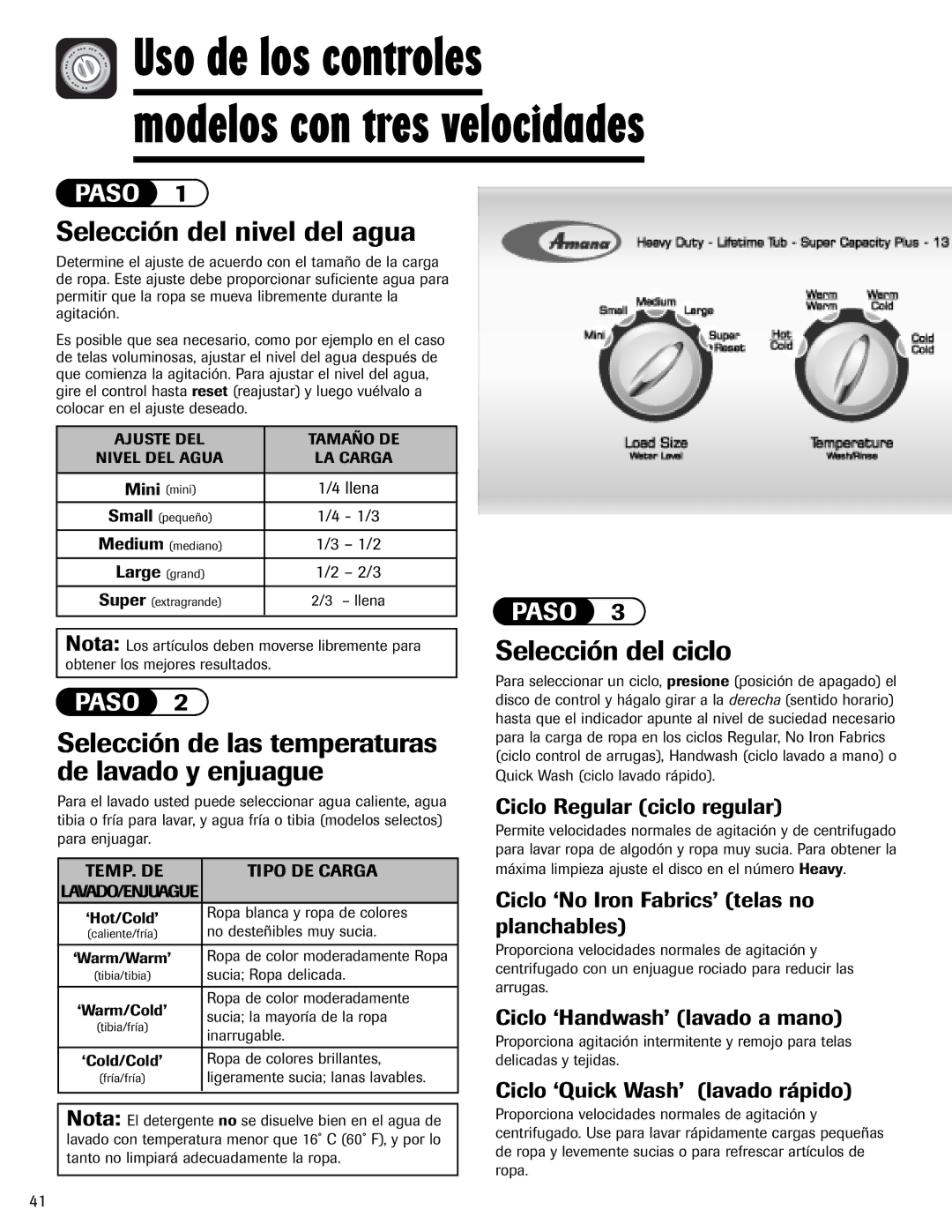 Amana NAV-1 Uso de los controles modelos con tres velocidades, Ciclo ‘Quick Wash’ lavado rápido 