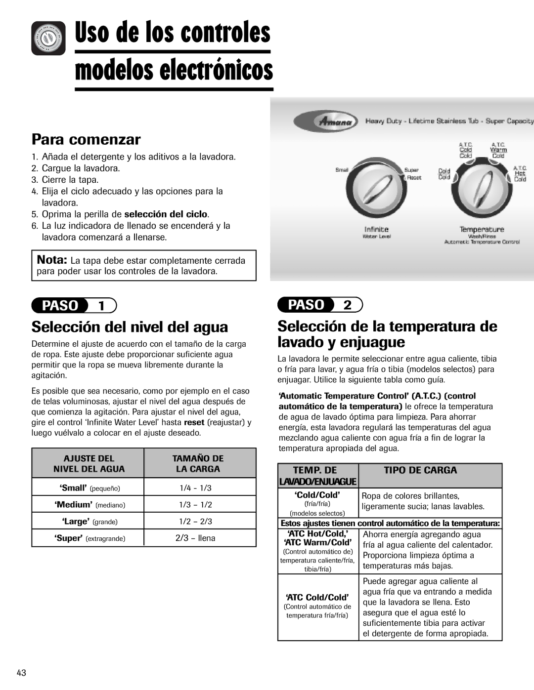 Amana NAV-1 important safety instructions Para comenzar, Selección de la temperatura de lavado y enjuague 