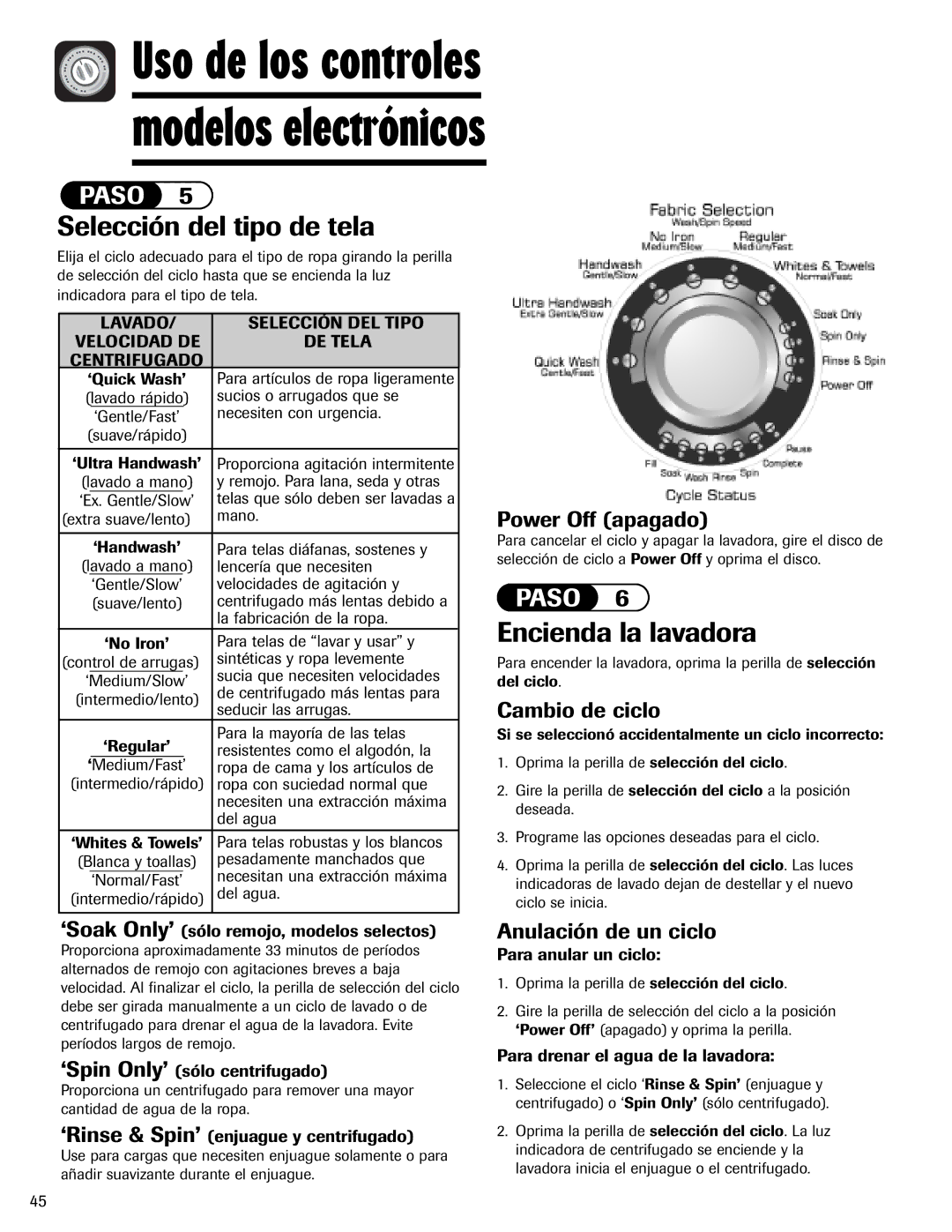 Amana NAV-1 important safety instructions Uso de los controles, Selección del tipo de tela, Encienda la lavadora 