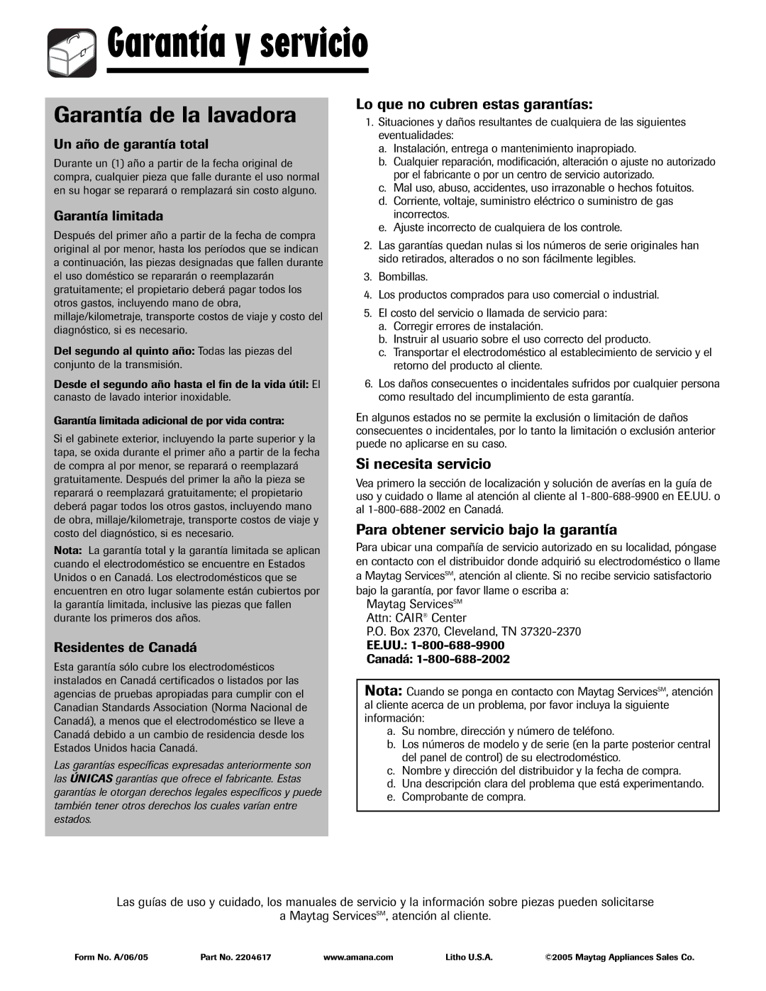 Amana NAV-1 Garantía y servicio, Garantía de la lavadora, Un año de garantía total, Garantía limitada 