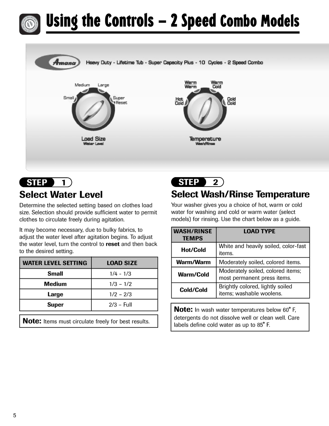 Amana NAV-1 Select Water Level, Select Wash/Rinse Temperature, Water Level Setting Load Size, WASH/RINSE Load Type Temps 