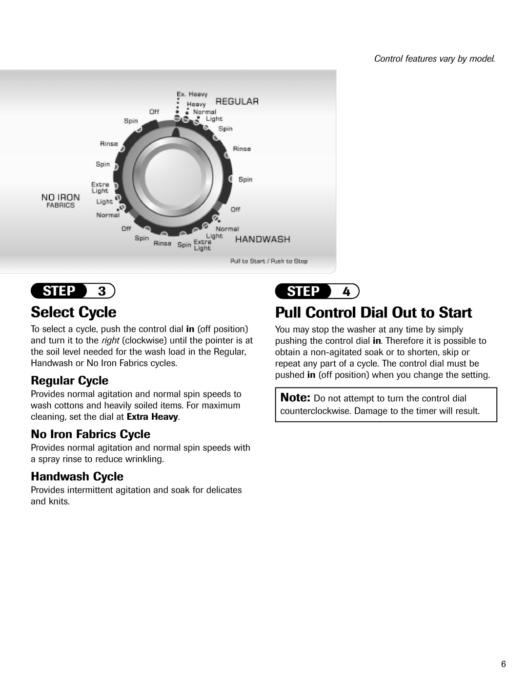 Amana NAV-1 Select Cycle, Pull Control Dial Out to Start, Regular Cycle, No Iron Fabrics Cycle, Handwash Cycle 