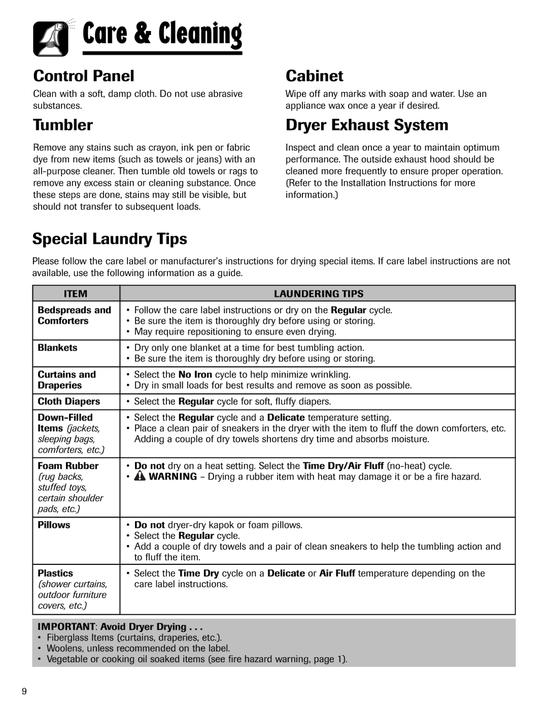 Amana ND-1 important safety instructions Control Panel, Tumbler, Cabinet, Dryer Exhaust System, Special Laundry Tips 