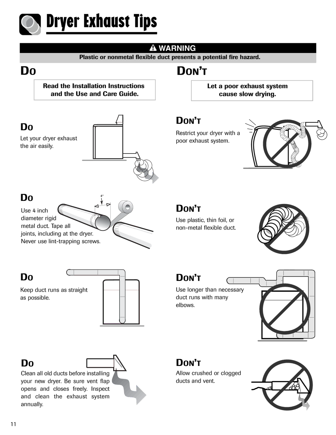 Amana ND-1 Dryer Exhaust Tips, Let a poor exhaust system Cause slow drying, Restrict your dryer with a poor exhaust system 