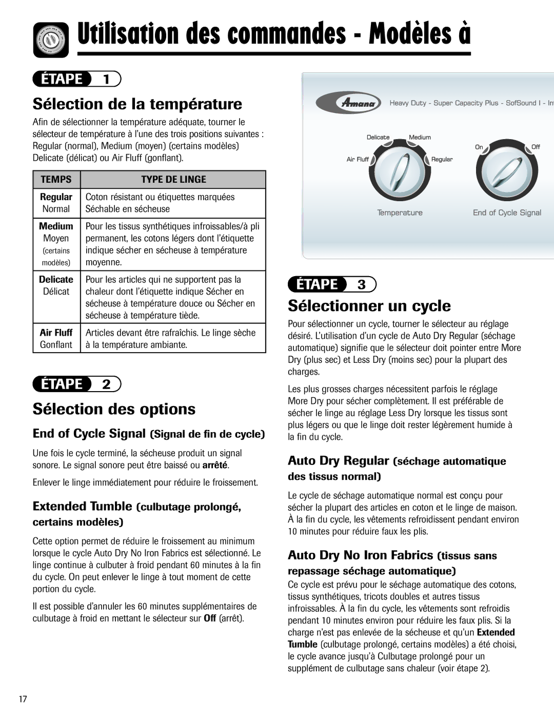 Amana ND-1 Sélection de la température, Sélectionner un cycle, Sélection des options, Auto Dry No Iron Fabrics tissus sans 