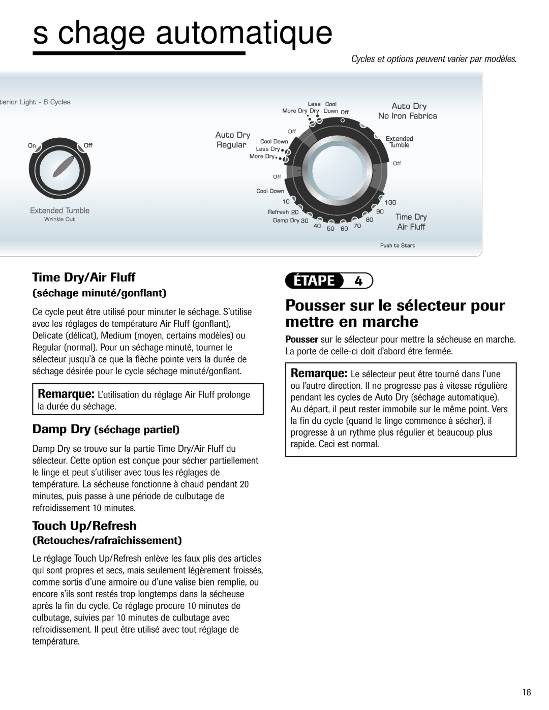 Amana ND-1 Pousser sur le sélecteur pour mettre en marche, Séchage minuté/gonflant, Damp Dry séchage partiel 