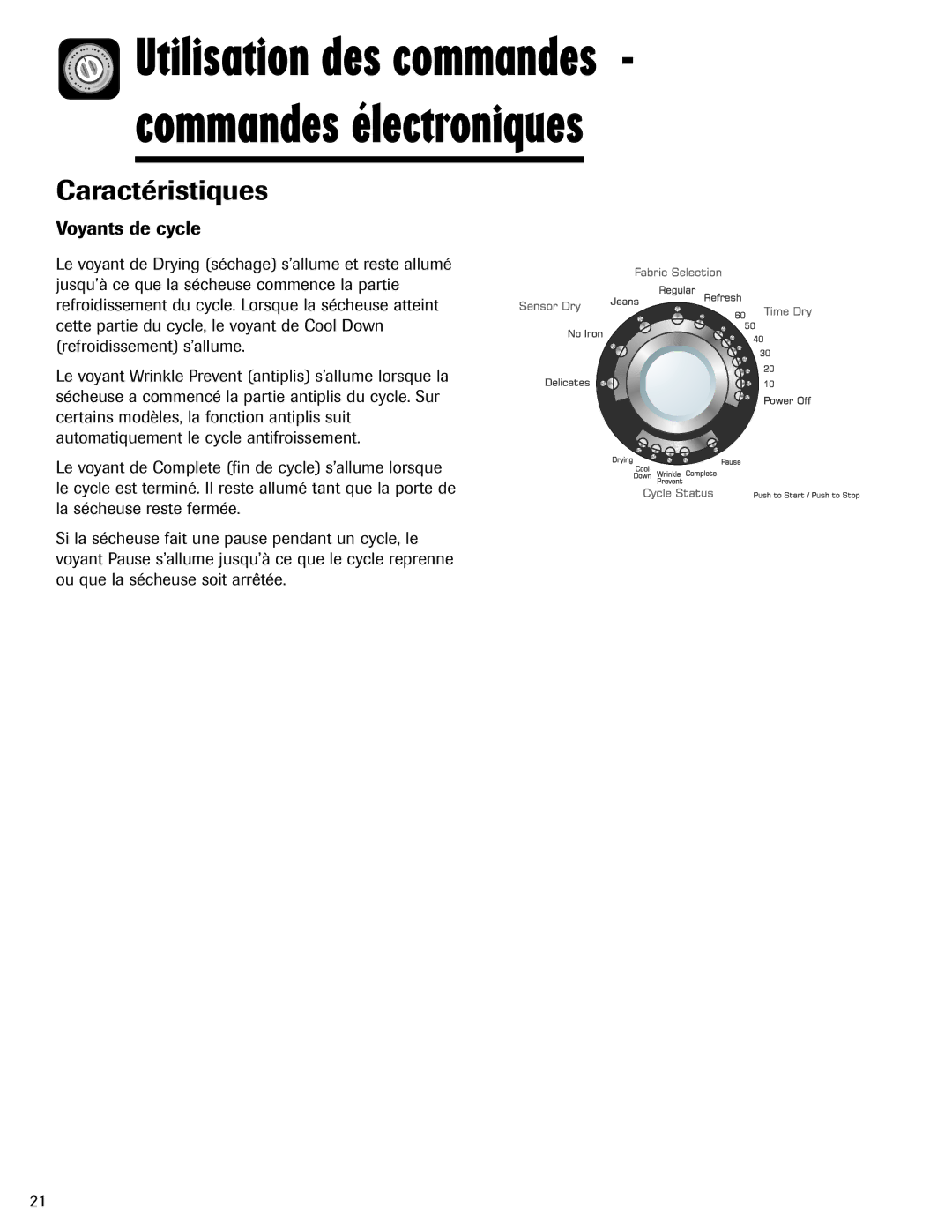 Amana ND-1 Utilisation des commandes Commandes électroniques, Caractéristiques, Voyants de cycle 