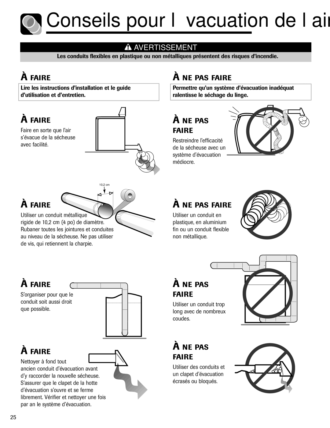 Amana ND-1 important safety instructions Conseils pour l’évacuation de l’air, Rubaner toutes les jointures et conduites 