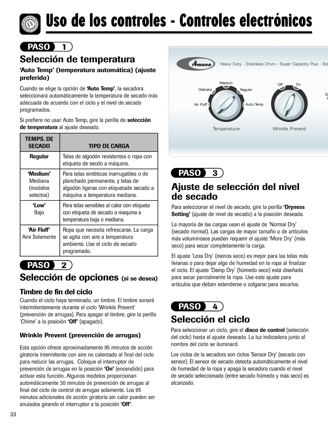 Amana ND-1 Selección de temperatura, Selección de opciones si se desea, Ajuste de selección del nivel de secado 