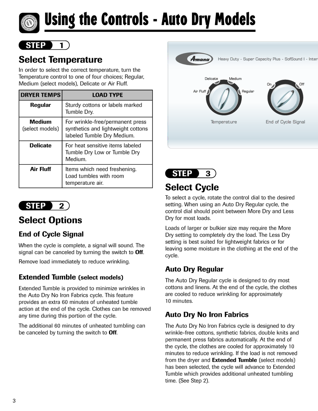 Amana ND-1 important safety instructions Select Temperature, Select Options, Select Cycle 