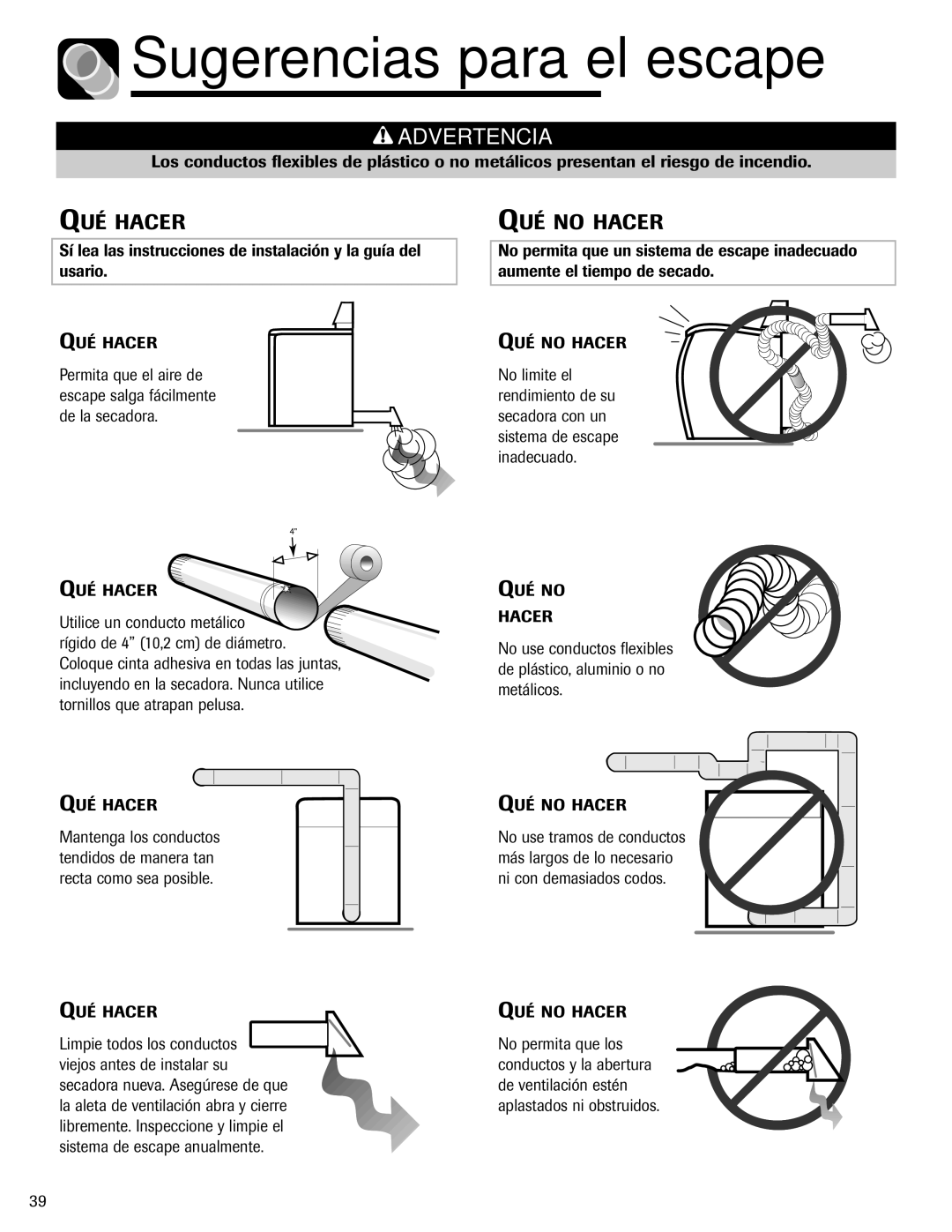 Amana ND-1 important safety instructions Sugerencias para el escape, Sistema de escape anualmente 