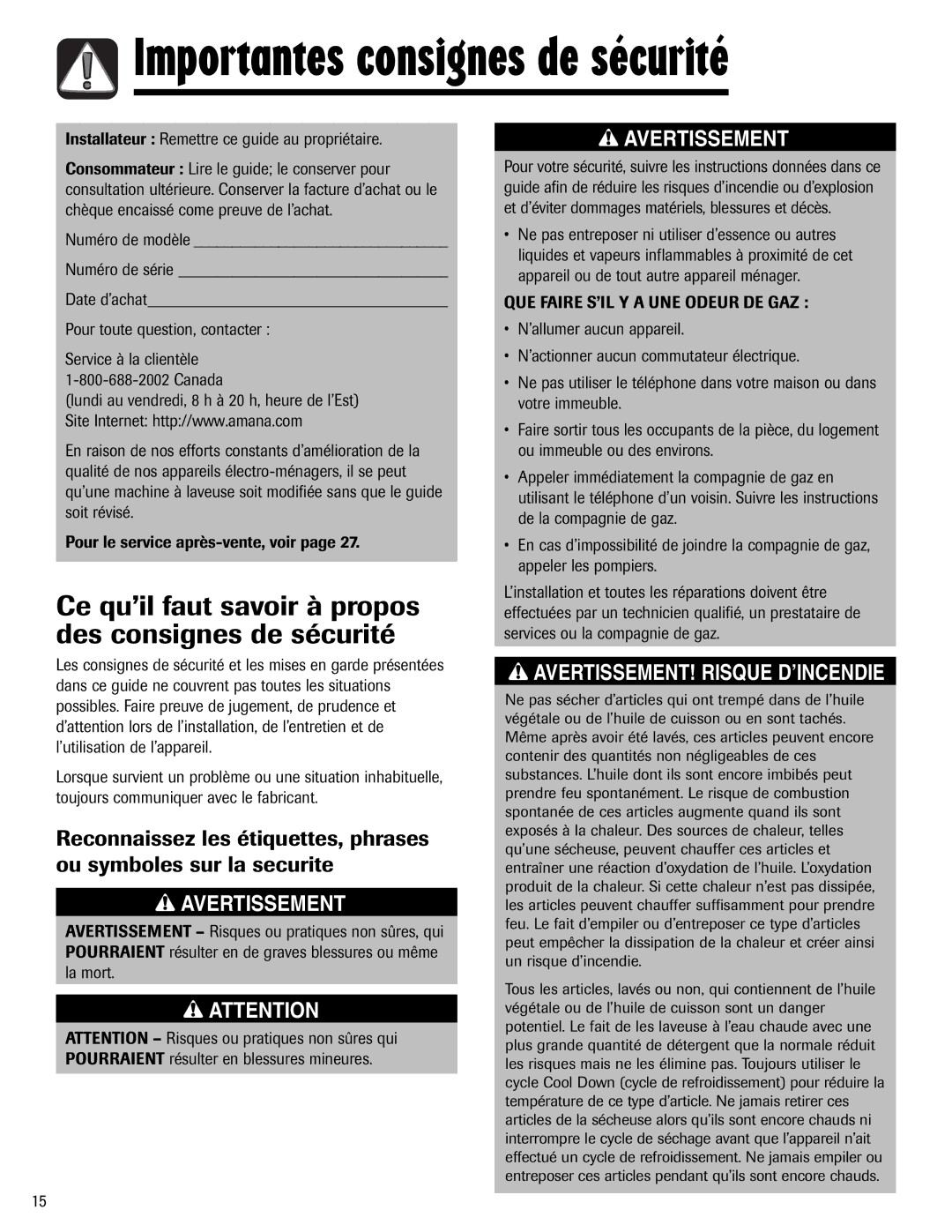 Amana ND-1 Ce qu’il faut savoir à propos des consignes de sécurité, Installateur Remettre ce guide au propriétaire 