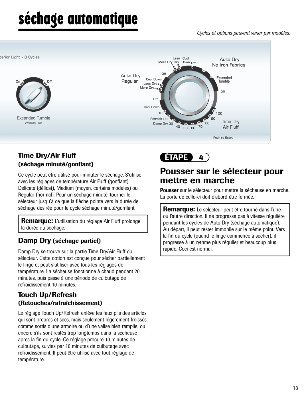 Amana ND-1 Pousser sur le sélecteur pour mettre en marche, Séchage minuté/gonflant, Damp Dry séchage partiel 